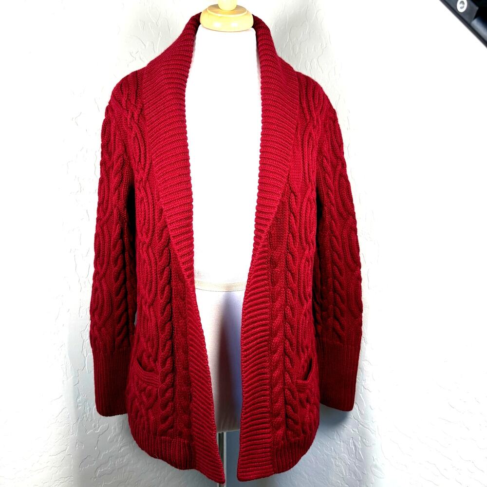 Talbots Merino Wool Cable Knit Fishermans Cardigan Burgundy Shawl Collar PL